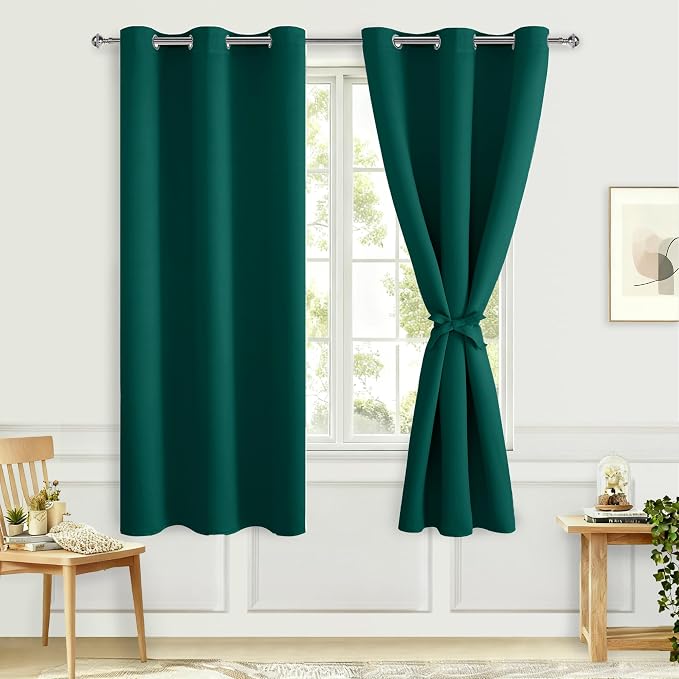 Hiasan Room Darkening Curtains for Bedroom, Noise Reducing, Energy Saving Blackout Window Curtain Panels, Sewn with Tiebacks, Set of 2, Grommet Top(Hunter Green, 38 x 72Inch)