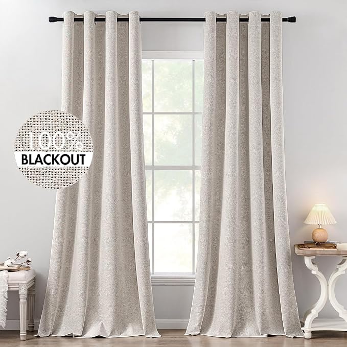 MIULEE 100% Blackout Linen Textured Curtains for Bedroom Solid Thermal Insulated Ivory Grommet Room Darkening Curtains & Drapes Luxury Decor for Living Room 52 x 132 Inch (2 Panels)