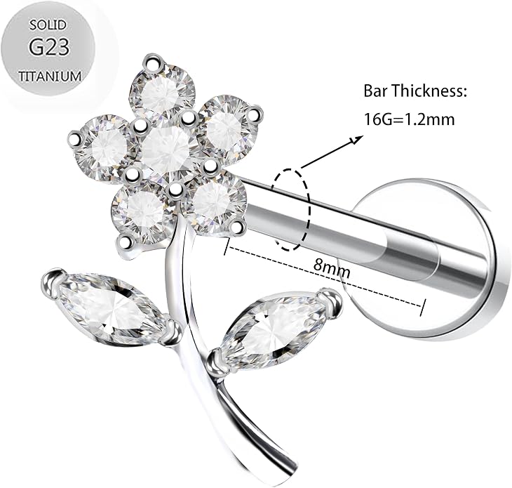 16G Titanium Conch Earrings Clear CZ Flower Helix Piercing Jewelry with Internally Threaded Flat Back Earring Cartilage Studs Tragus Jewelry for Women