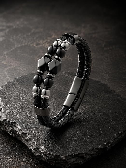 Black Braided Leather Bracelet for Men with Turquoise, Lapis Lazuli, Tiger Eye, Obsidian Stone Double-Row Wristband Beads with Stainless Steel Clasp Fashion Jewelry Gift for Him