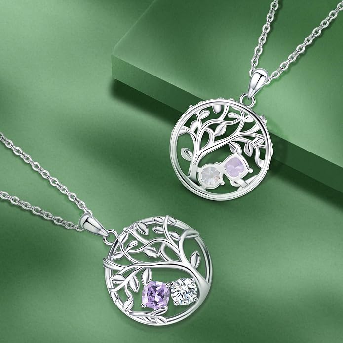 Tree of Life Birthstone Necklace for Women 925 Sterling Silver Birthstone Pendant 12 Months Necklaces with Zircon Birthday Gifts for Women, Mom, Grandma Cable Chain 18"+2"