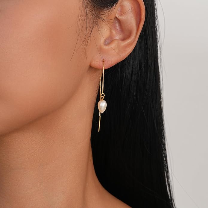 JaruJaru Vermeil Chain Freshwater Pearl Earrings for Women, Gold Threader Earrings, Gold plated on S925 Sterling Silver, Hypoallergenic Thread Through Dangle Earrings