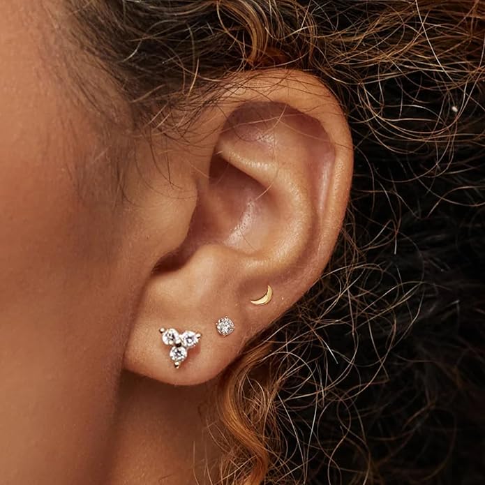 6 Pairs 14K Gold Plated Stud Earrings for Women, Hypoallergenic Cartilage Earrings for Multiple Piercing, Dainty Small Stackable Earrings Set for Jewelry Gift