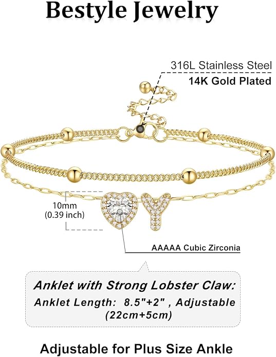 Bestyle Initial Anklet Bracelets for Women Waterproof Non Tarnish 14K Gold/White Gold Plated CZ Anklets for Women Dainty Layered Letter Heart Ankle Bracelets Adjustable Foot Chain Anklet