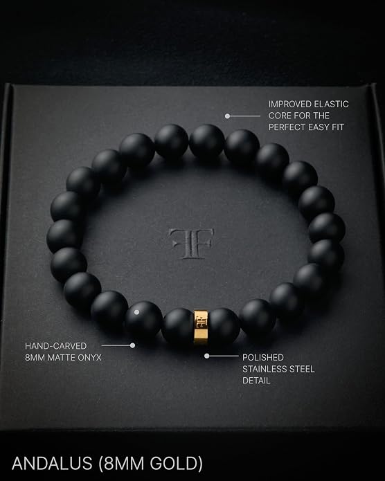 Forge & Foundry Men’s Matte Black Solid Onyx Beaded Bracelet | 10mm, 8mm, 6mm Bead Size Options | Signature Stainless Steel Engraved Bead | Andalus