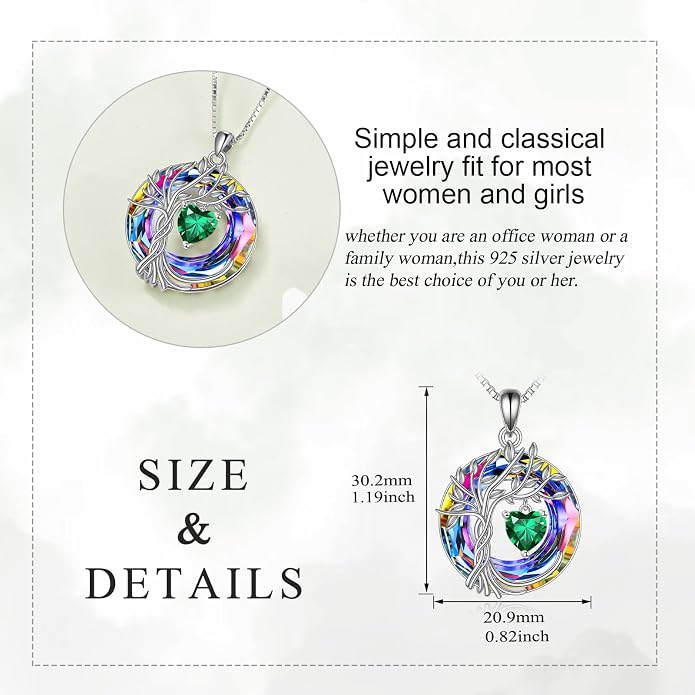 POPLYKE Mothers Day Gifts for Mom Her Wife Tree of Life Necklace 925 Sterling Silver Birthstone Pendant with Crystal Anniversary Birthday Wedding Jewelry for Women