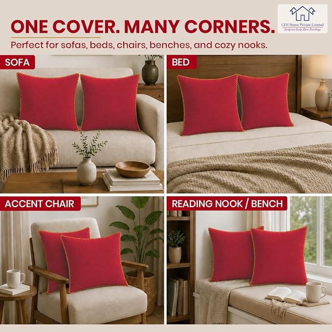 LFH Home Red Cotton Rich Throw Pillow Covers 18x18 Set of 4, Decorative Cushion Covers with Blanket Stitch Edge, Farmhouse Accent Pillow Cases for Sofa Couch Bed Living Room, 18 x 18 Inch