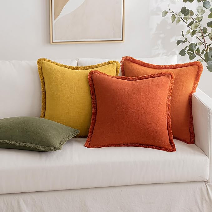 MIULEE Decorative Throw Pillow Covers Neutral Linen Fringe Throw Pillows Set of 2 Burnt Orange Boho Farmhouse Cushion Covers with Tassels for Couch Sofa Bed Living Room Fall Home Decor 22x22 Inch