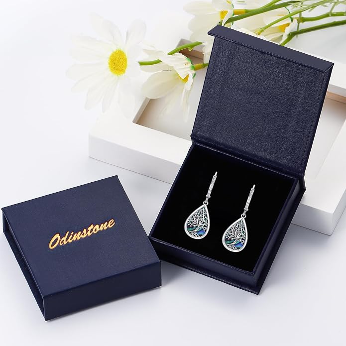 Odinstone 925 Sterling Silver Earrings Tree of Life Teardrop Moonstone Dangle Drop Leverback Earrings for Women