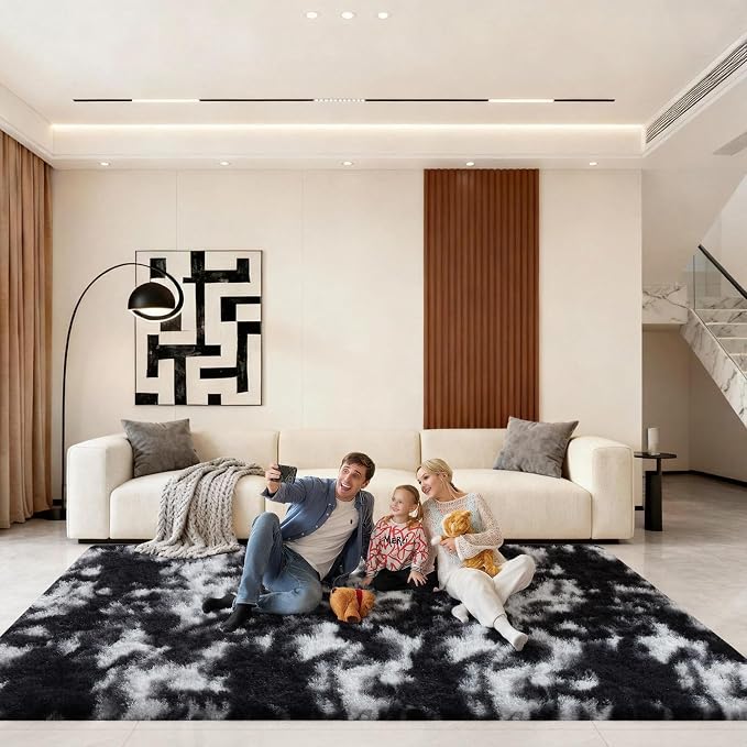 Black and White Rugs for Living Room, Large Fluffy 6x9 Area Rugs for Bedroom, Fuzzy Shag Soft Non-Slip Carpet for Kids Girls and Boys Nursery Dorm Indoor Room Home Decor (6ft X 9ft)