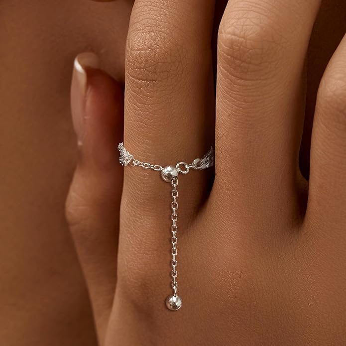 925 Sterling Silver Link Chain Fidget Rings with Dangle Bead Star for Women 14k Gold Plated Adjustable Sparkling Twist Rope Ring Stackable Line Finger Ring Jewelry Christmas Gifts for Mom