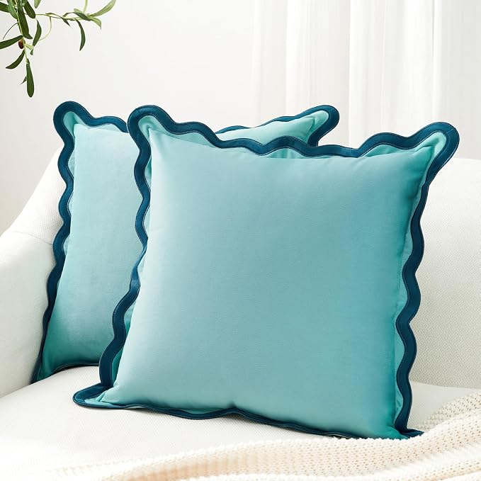 MONDAY MOOSE Decorative Throw Pillow Covers Cushion Cases, Set of 2 Soft Velvet Scalloped Wavy Edge Designs, Mix and Match for Home Decor, Pillow Inserts Not Included (18x18 inch, Blue/Light Blue)