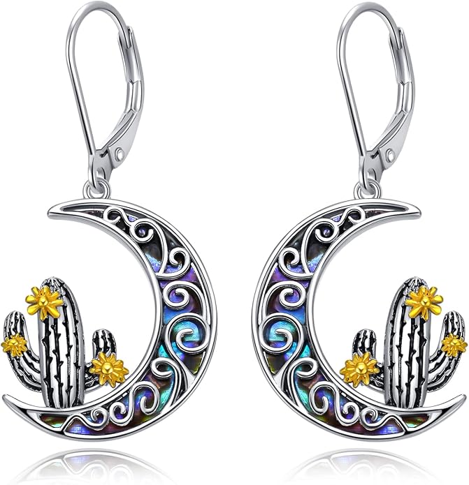 Cactus Earrings 925 Sterling Silver Abalone Shell Cactus Dangle Leverback Earrings Cactus Jewelry Gifts for Women