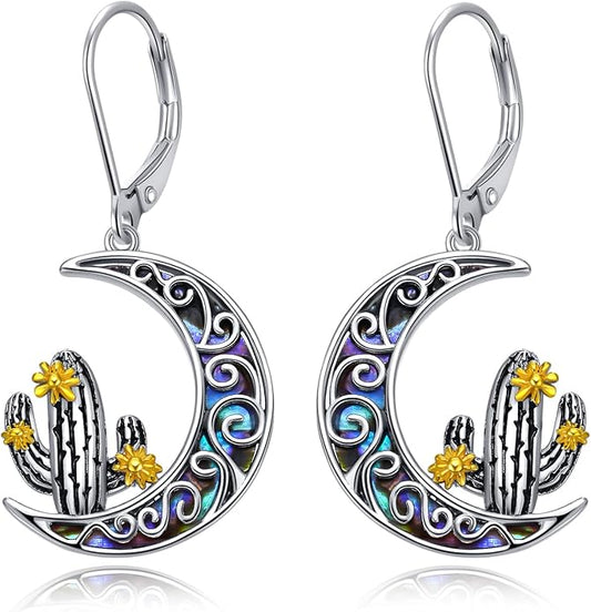 Cactus Earrings 925 Sterling Silver Abalone Shell Cactus Dangle Leverback Earrings Cactus Jewelry Gifts for Women