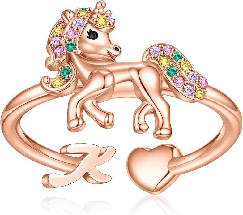 Unicorn Initial Rings for Teen Girls, Rose Gold/White Gold Plated Heart Initial Rings for Girls Adjustable Stackable Rings for Women Diny Heart Ring for Teen Girls Gifts Unicorns Gifts for Girls