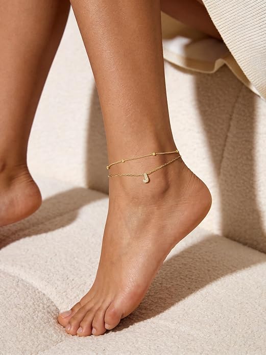 FindChic Silver/14K Gold Plated Layered CZ Initial Ankle Bracelet for Women | Waterproof Stainless Steel, Cubic Zirconia Letter Charm, Non-Tarnish, Hypoallergenic, Adjustable Extender, Summer Jewelry