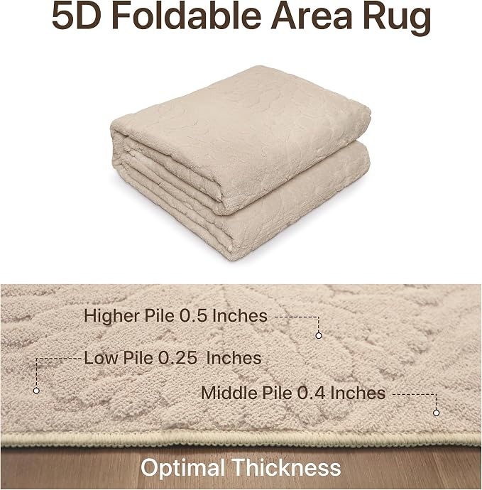 GENIMO Soft Washable Area Rugs 5x7, 3D Modern Floral Rugs for Living Room, High-Low Pile Textured Non Slip Fuzzy Shag Carpet, Non-Shedding Stain Resistant Thin Beige Rugs for Bedroom, Dining Room