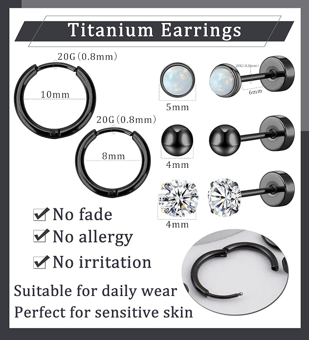 MJust Titanium Earrings for Sensitive Ears 20G Hypoallergenic Stud Hoop Earrings for Women Men Opal Ball CZ Heart Pearl Flat Back Earrings Cartilage Earrings Set