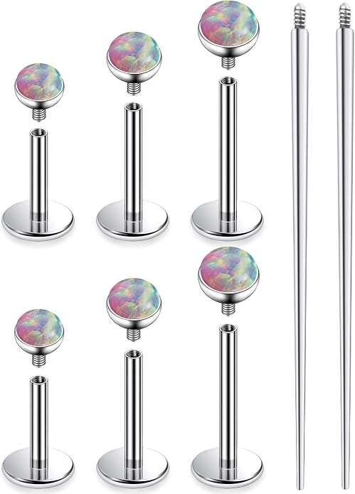 Ruifan Titanium Flat Back Lip Rings Externally Threaded Earrings Studs Nose Rings 20G 18G 16G Jeweled Round Opal Tragus Cartilage Lobe Rook Helix Conch Labret Medusa Piercing Jewelry for Women Men