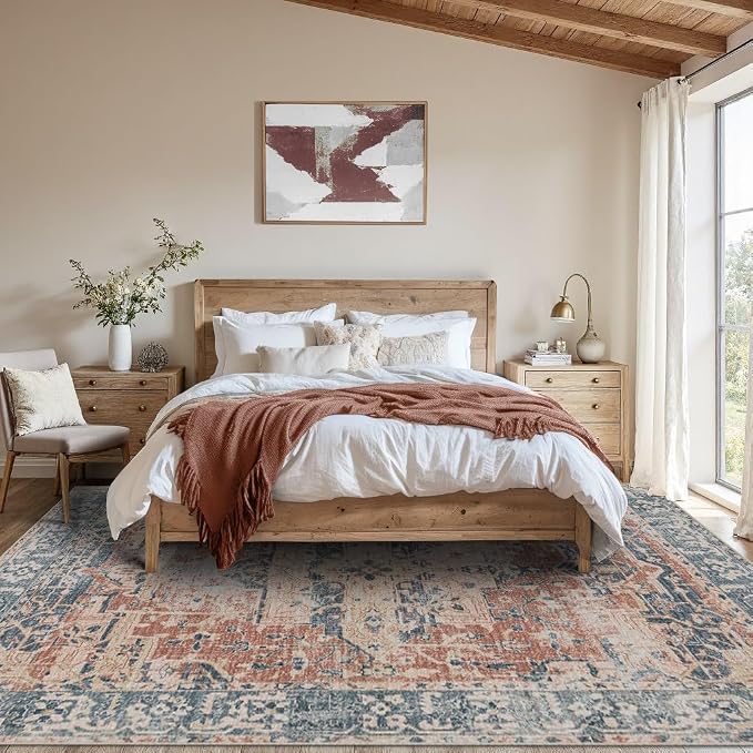 Rugxara 8x10 Area Rugs for Living Room Large Washable Rug, Coral Blue | Non Slip, Rug for Dining Room Bedroom Office Kids Room, Stain Resistant, Soft, Low Pile, Vintage Boho Retro Carpet,Home Decor
