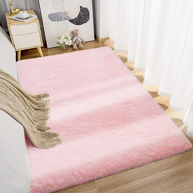 Topmaxcs Pink Fluffy Area Rugs 4x6: Fluffy Furry Area Rugs for Bedroom- Ultra Soft Fuzzy Pink Rugs- High Pile Plush Rugs for Bedroom, 4x6