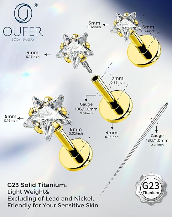 OUFER 18G 6/7/8MM Flat Back Cartilage EarRings-3PCS Gold Titanium Extended Internally Threaded Lip Piercing 2/3/4MM Round Clear CZ Helix Piercing Jewelry