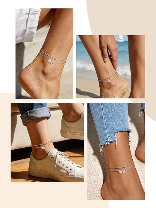 Bestyle Initial Anklet Bracelets for Women Waterproof Non Tarnish 14K Gold/White Gold Plated CZ Anklets for Women Dainty Layered Letter Heart Ankle Bracelets Adjustable Foot Chain Anklet