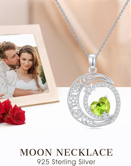 Dorunmo Heart Birthstone Necklace for Women 925 Sterling Silver Moon and Star Pendant Birthday Jewelry Gifts for Wife Her Daughter Mom