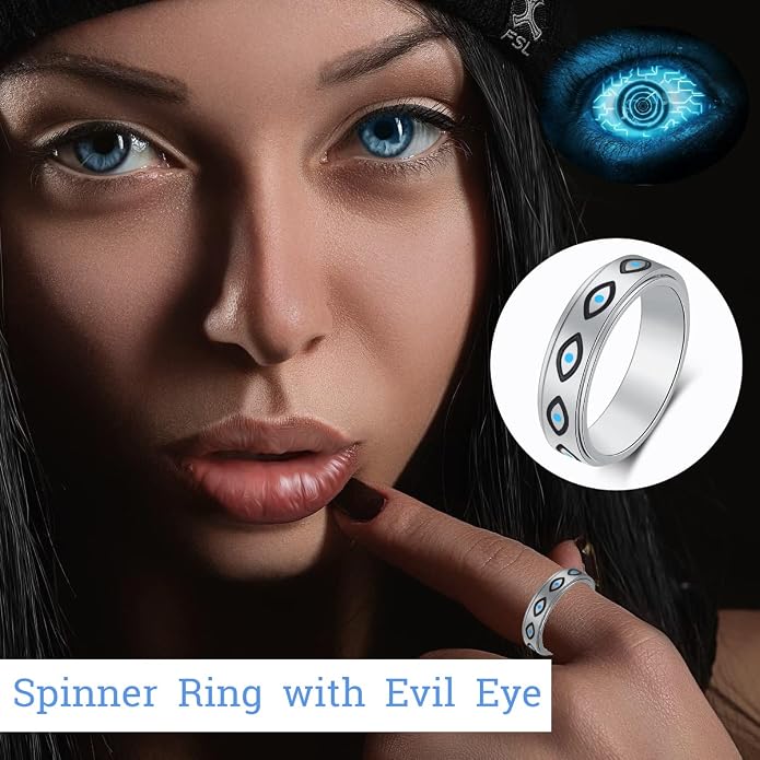 OreilleStar Anxiety Ring for Women Spinner Ring Titanium Stainless Steel Fidget Ring Men 6mm Width With Dog Paw Kitty Cat Face Evil Eye Pattern Spinning Outer Band Size 6 7 8 9 10