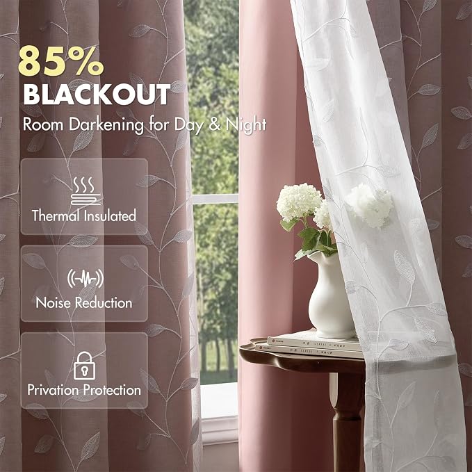 MIULEE Double Layer Curtains 84 Inches Long, White Leaf Patterned Sheer Floral Drapes and Pink Blackout Room Darkening Window Curtains for Living Room Bedroom, Grommets Top, 52" W x 84" L, 2 Panels