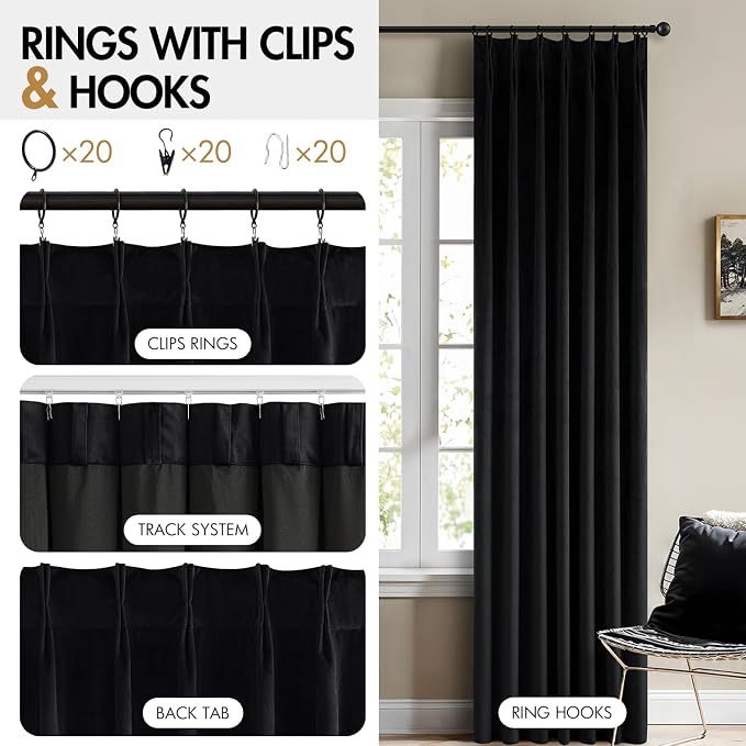 MIULEE Pinch Pleated Black Velvet Blackout Curtains 108 inches Long, Thermal Insulated Pinch Pleat Drapes with Hooks, Luxury Halloween Window Panels for Bedroom Living Room, 2 Panels
