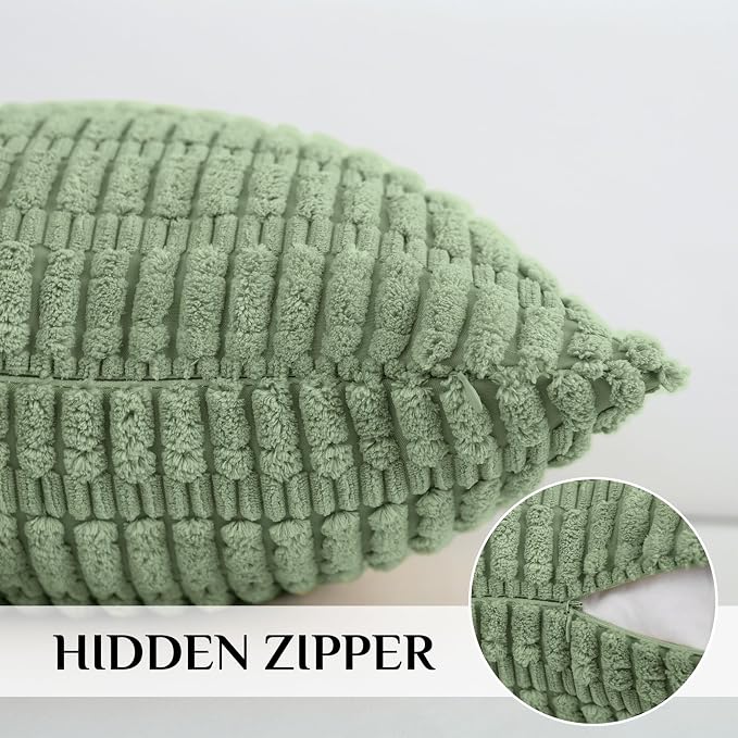 Softalker Sage Green Throw Pillow Covers Set of 2, Solid Color Corduroy Soft Plush Decorative Square Cushion Covers for Couch Sofa, Summer Rustic Farmhouse Boho Home Decor, 16 x 16 Inch