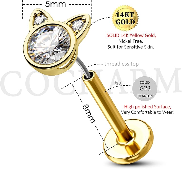 COCHARM 14K Gold Threadless Helix Cartilage Tragus Earring Stud, 16g Cat 14K Real Gold Tragus Labret Stud Flat Back, 14Kt Push Pin Helix Cartilage Piercing Jewelry