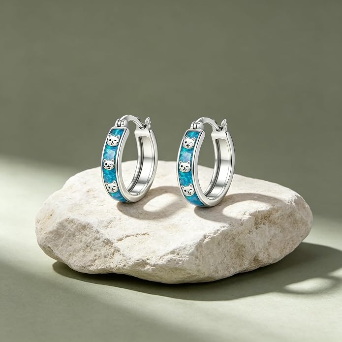 Opal/Turquoise Huggie Earrings 925 Sterling Silver Opal/Turquoise Small Animal Huggie Hoop Earrings Animal Huggies Earring Jewelry Gifts for Women Mom Her