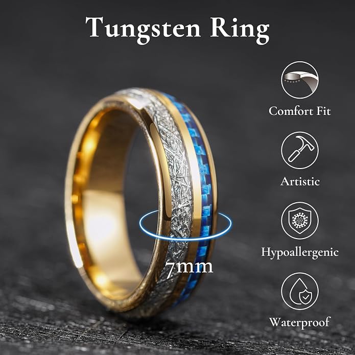 King Will Tungsten Rings for Men Meteorite Carbon Fiber Wood Inlay Mens Wedding Engagement Band Domed Polished