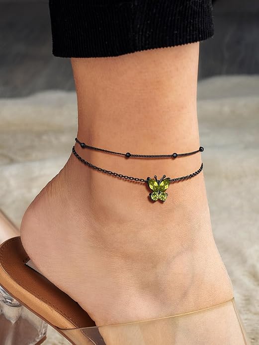 Richsteel Double Layer Heart/Butterfly Birthstone Anklet for Women Non Tarnish Waterproof, Silver/Gold/Black Stainless Steel 8.5-10.5 Inch Adjustable Chain Anklets Jewelry Gifts for Her