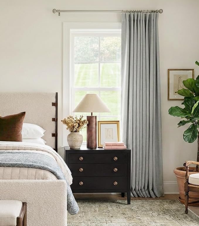INOVADAY 100% Blackout Curtains for Bedroom, Grey Black Out Curtains 72 Inch Long, Clip Rings Linen Blackout Drapes, Thermal Insulated Room Darkening for Living Room, 2 Panels - W50xL72