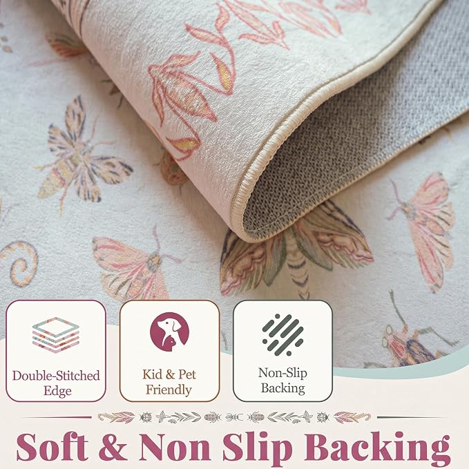 Lunasun Beige Pink Rugs for Bedroom Under Bed - 6x9 Area Rug for Living Room, Dining Room, Kids Playroom, Fun Insect Cute Décor,Ultra Soft Non Slip Stain Resistant