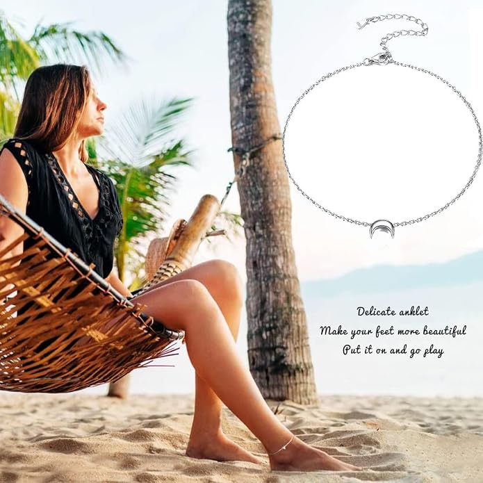 ChicSilver Personalized 925 Sterling Silver Tiny Heart/Moon/Star/Sun/Dot/Triangle Anklets Simple Dainty Foot Jewelry for Women, Silver/Gold Plated/Rose Gold Plated