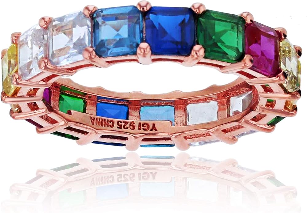 Sterling Silver Rhodium Polished 4mm Multi Color Asscher Princess Cut Cubic Zirconia Eternity Band for Women | AAA Cubic Zirconia Gemstone Engagement Wedding Band Ring | Sizes 5-10