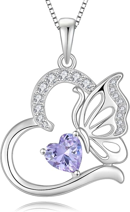 Butterfly Necklace for Women 925 Sterling Silver Heart Pendant Birthstones Jewelry Gift