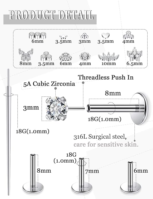 14K Gold Filled 20G 18G 16G Threadless Flat Back Earrings Studs Surgical Stainless Steel Clear CZ Push In Nose Rings Studs Tragus Helix Conch Cartilage Earrings Piercing Jewelry For Women Men