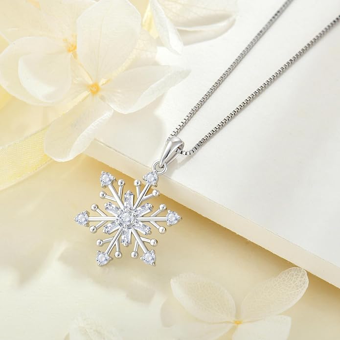925 Sterling Silver Snowflake Necklace Birthstone Snowflake Pendant Necklaces for Women Cubic Zirconia Christmas Jewelry