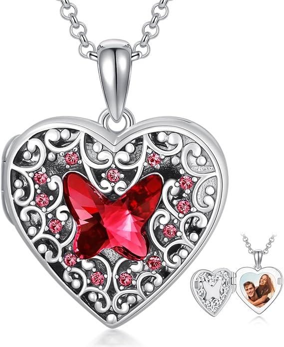 Dorunmo Personalized Locket Necklace 925 Sterling Silver that Holds Pictures Butterfly Birthstone Photo Heart Locket Custom Jewelry Congratulations New Beginnings New Job Gifts for Women