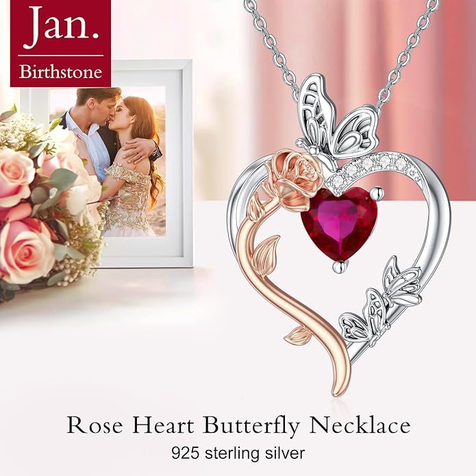 TOUPOP Rose Heart Birthstone Necklace 925 Sterling Silver Heart Butterfly Pendant Love Jewelry Birthday Gifts for Women Wife Mom Her