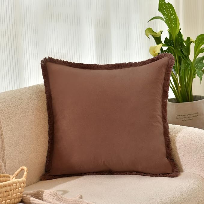 ZWJD Pillow Covers 18x18 Set of 2 Coffee Throw Pillow Covers with Fringe Chic Cotton Decorative Pillows Square Cushion Covers for Sofa Couch Bed Living Room Farmhouse Boho Decor