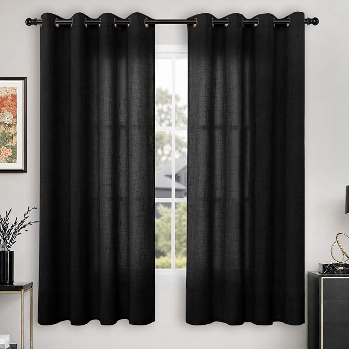 YoungsTex Black Linen Semi Sheer Curtains 63 Inch Length 2 Panels | Bronze Grommet Drapes Light Filtering for Bedroom Living Room Gothic Decorative, 52 X 63 Inch
