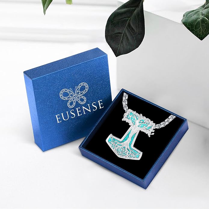Eusense Viking Jewelry for Men Women Sterling Silver 925 Mjolnir Thors Hammer Pendant Celtic Cross Necklace Wolf Odin Raven Freya Goddess Norse Pagan Compass Vegvisir Yggdrasil Nordic Viking Necklaces Gifts