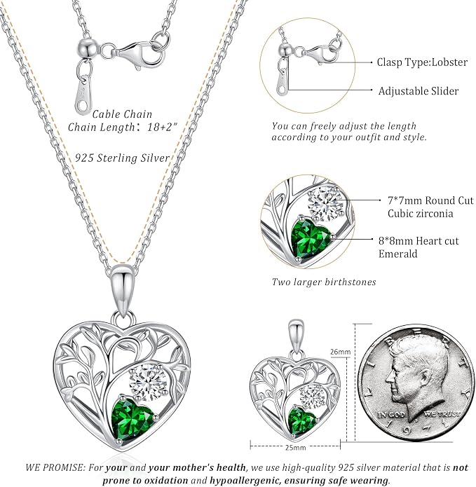 Tree of Life Birthstone Necklace Birthday Gifts 925 Sterling Silver Heart Pendant Birthstone Necklaces for Women Personalized 2 Gemstone Anniversary Graduation Gifts for Her Wife Mom