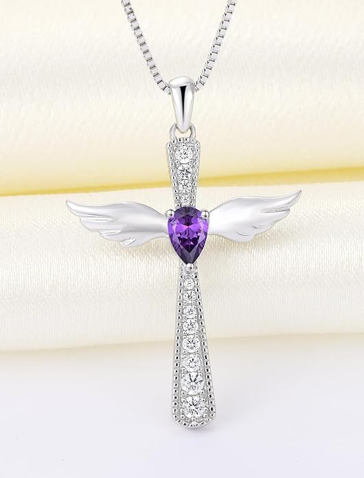 YL Cross Necklace 925 Sterling Silver Angel Wings Pendant Teardrop Birthstone Criss Jewelry for Women